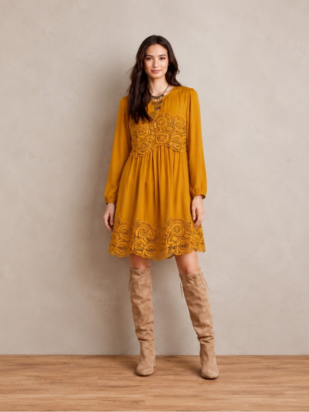 Anthropologie Maeve Mustard Lace Mini Dress Size SP